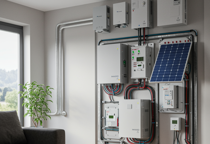 img nosotros 3 "Ilustración digital moderna que muestra la integración de instalaciones eléctricas, paneles fotovoltaicos y sistemas de control climático en un hogar contemporáneo, destacando la innovación y eficiencia energética de Solyelect."